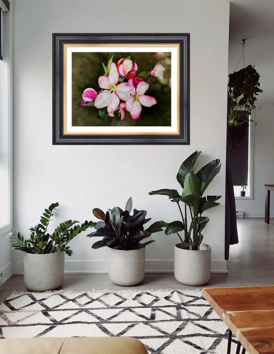 Apple Blossoms framed in a home setting