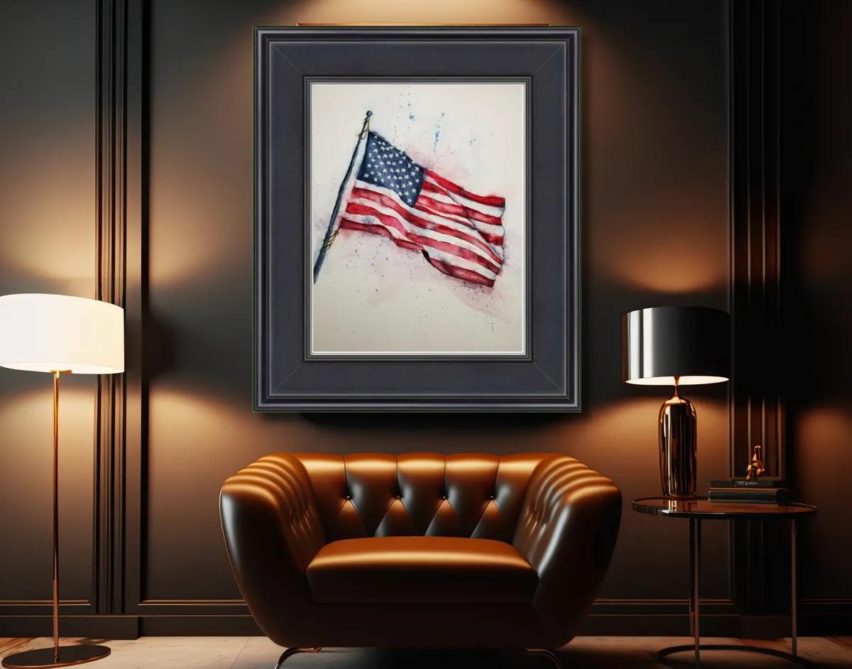 Old Glory framed in a home setting